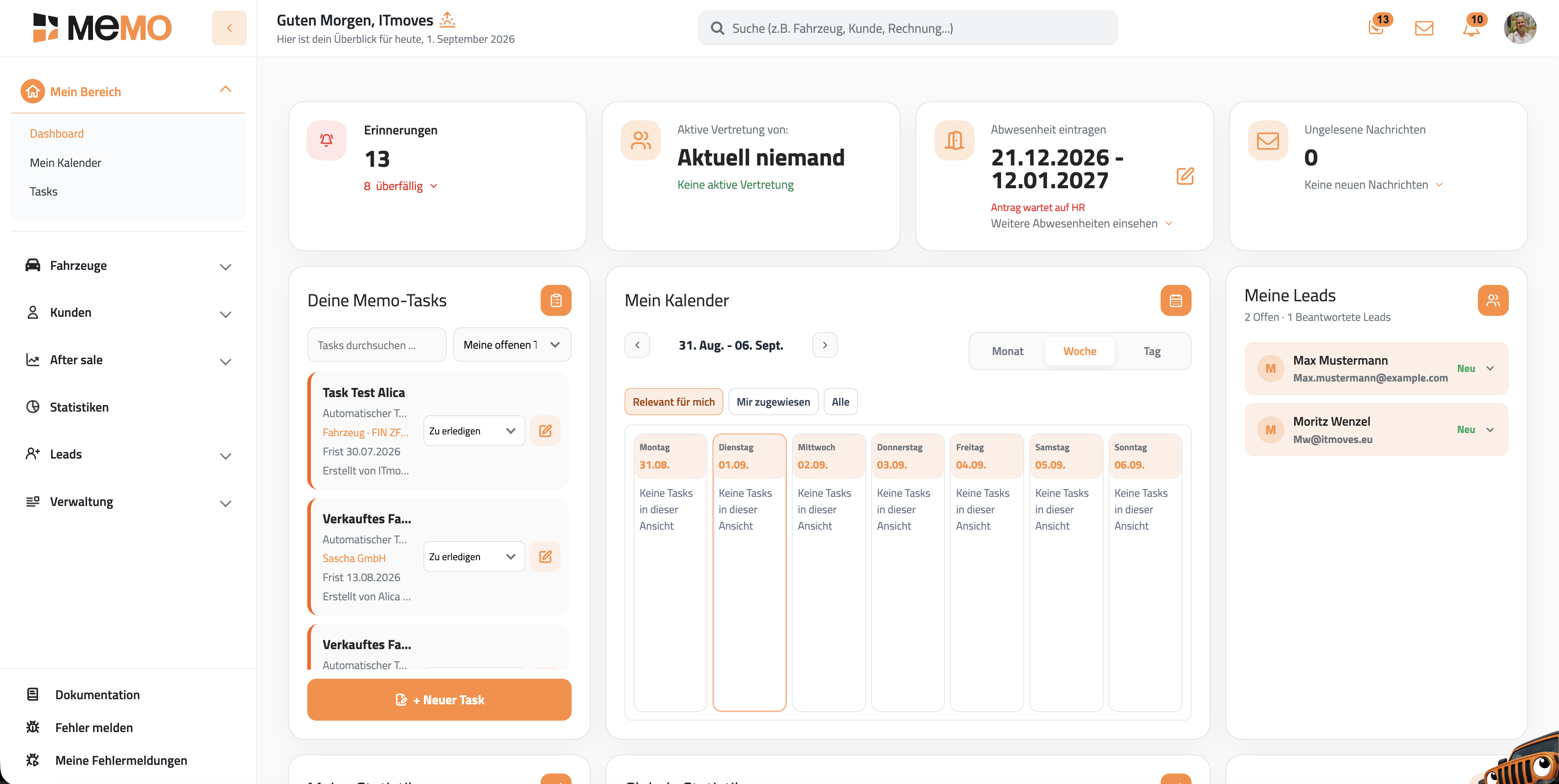 Übersicht des MEMO Backends mit Aufgaben, Kalender und Leads